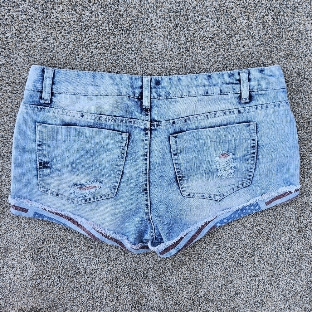 Patriotic Distressed Blue Denim American Flag Shorty Short Shorts Rue 21 Size 14 - Picture 11 of 13